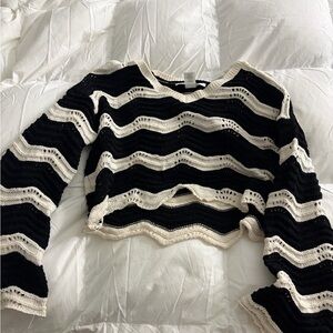 Altar'd State Black and Cream Wavy Striped Open-Knit Crop Sweater